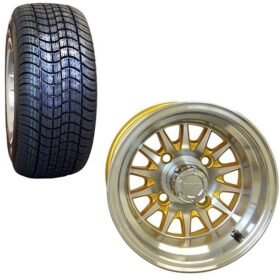 10 INCH GOLF CART WHEEL AND STREET TIRE COMBO GOLD For Sale 