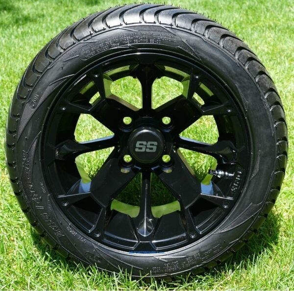 12″ BLACKJACK GLOSS BLACK ALUMINUM WHEELS LOW PROFILE DOT TIRES COMBO For Sale 
