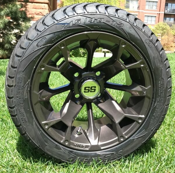 12″ BLACKJACK METALLIC BRONZE ALUMINUM WHEELS LOW PROFILE DOT TIRES COMBO For Sale 